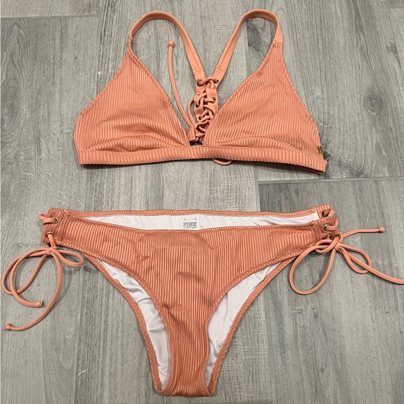 PINK Victoria's Secret Other - Victoria's Secret Cheekster Ribbed Lace Bottom w/ Razor Back Lace up Top - Peach
